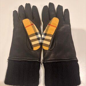 Burberry Cashmere-Lined Leather Trimmed Check Gloves